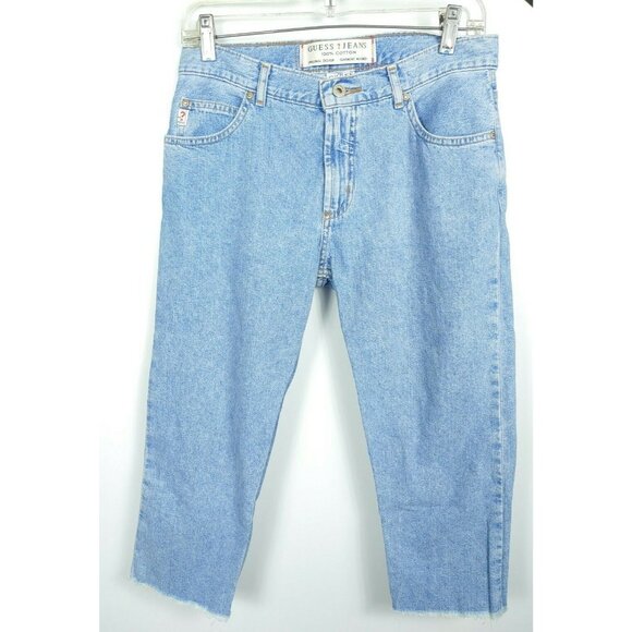 GUESS Jeans USA 90s Y2K Womens 28 Blue Cotton Denim Raw Hem Ankle Capri - Picture 2 of 8